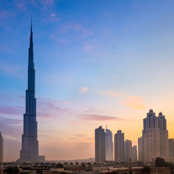 Dubai skyline with Burj Khaleefa the tallest building over the horizon.
